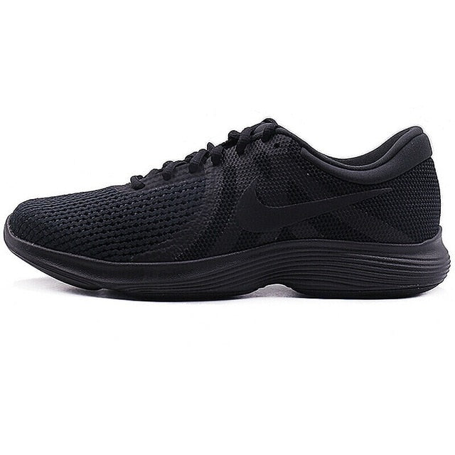 Black knit running shoes with dark Nike swoosh and black rubber sole