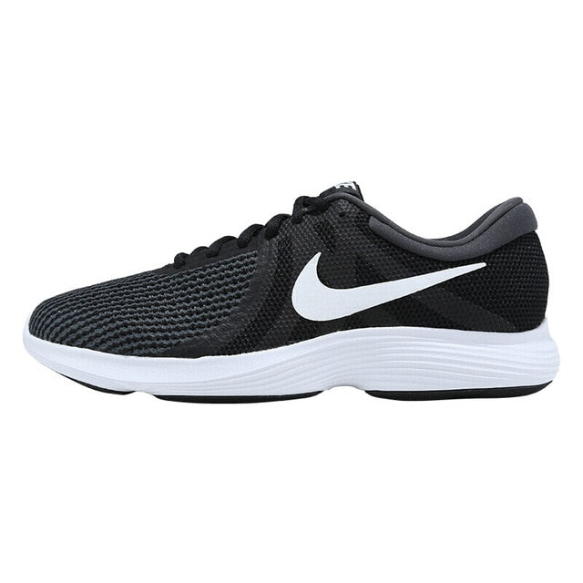 Black knit running shoes with white Nike swoosh and white midsoles