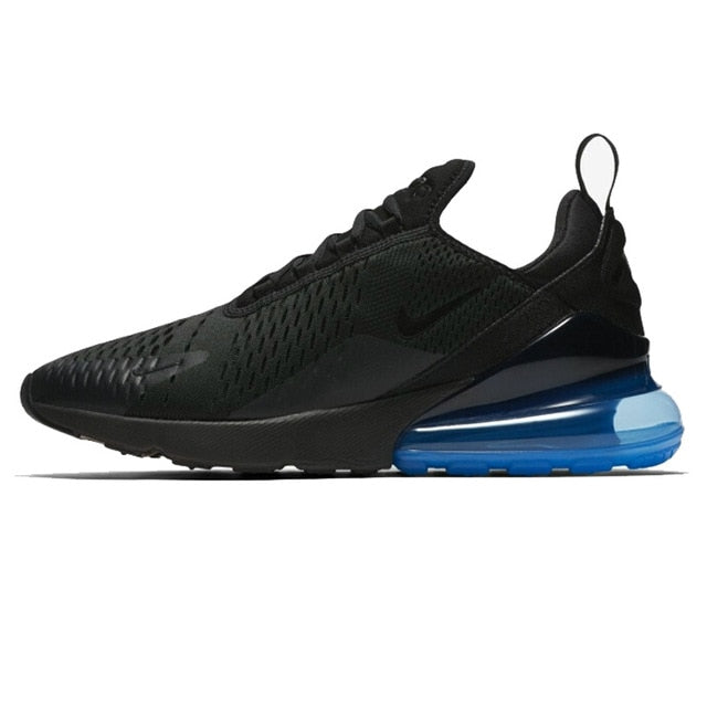 AIR MAX running shoes with black knit upper and blue visible heel cushioning