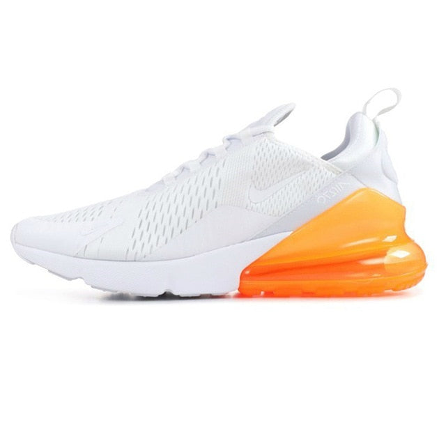 Running shoes with breathable knit upper, white with orange air sole unit and curved heel.
