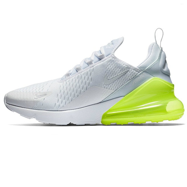Running shoes with knit upper, light gray with neon green air sole unit and gray midsole.