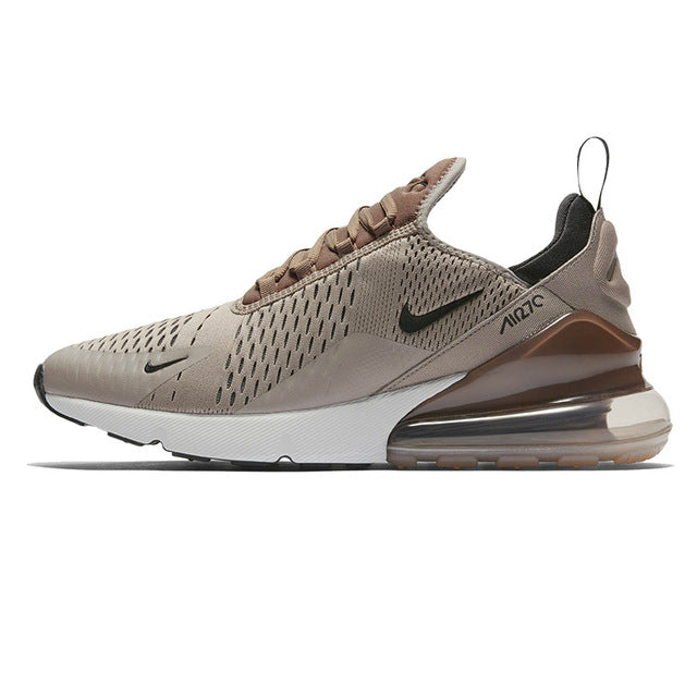 Running shoes with mesh upper, beige and brown tones, bronze air sole unit and dark laces.