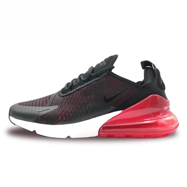 Air Max 270 running shoes, dark charcoal with red Air unit and white midsole