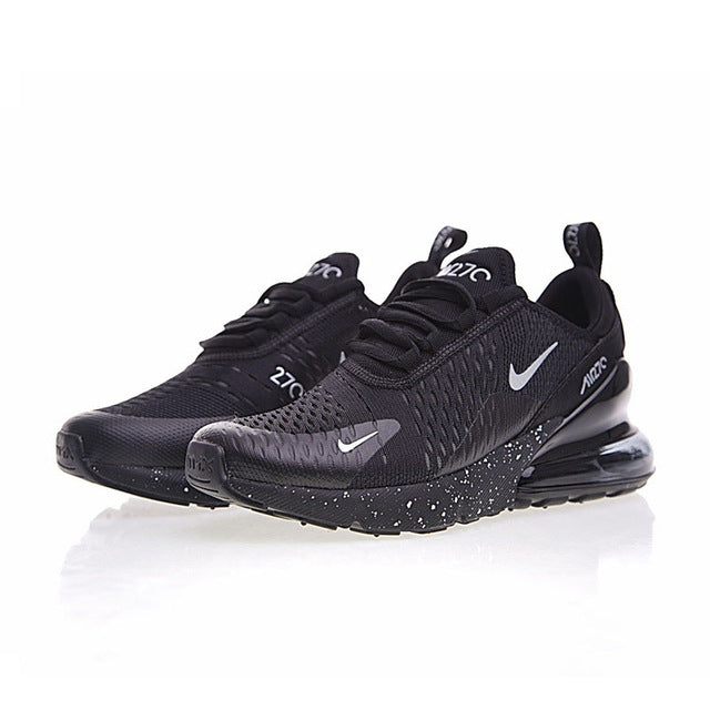 Air Max 270 running shoes, black knit with gray swoosh and dark Air unit