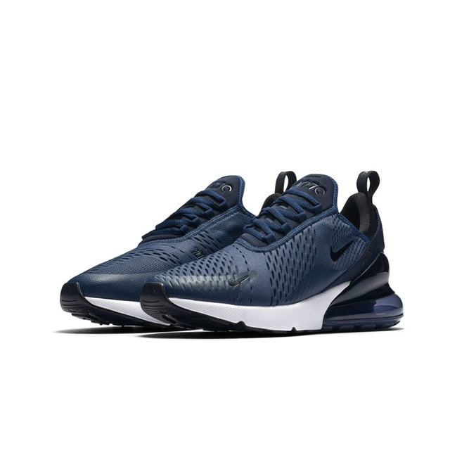Air Max 270 running shoes, navy blue with white midsole and blue Air sole
