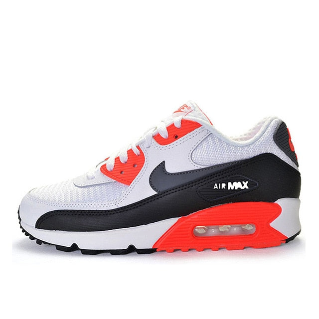 NIKE Air Max 90 running shoes in white with black and red accents, lace-up