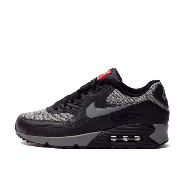 NIKE Air Max 90 running shoes in dark gray with black and red details, lace-up