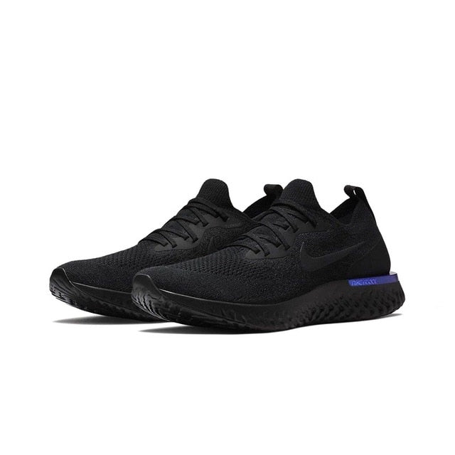 Nike React Flyknit running shoes, black knit with dark Swoosh and cushioned sole