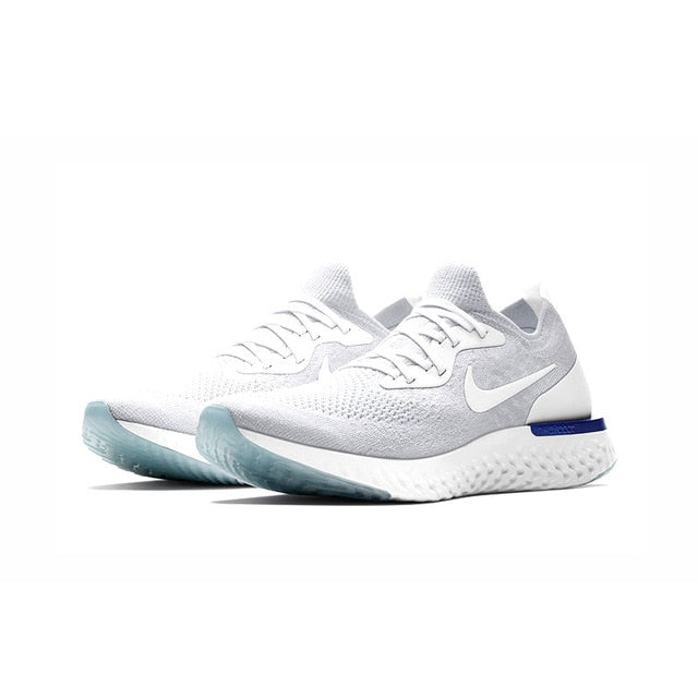 Nike React Flyknit running shoes, light gray knit with white Swoosh and blue sole