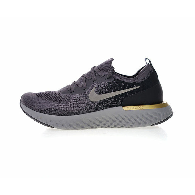 Nike React Flyknit running shoes, dark gray knit with white Swoosh and gold heel accent