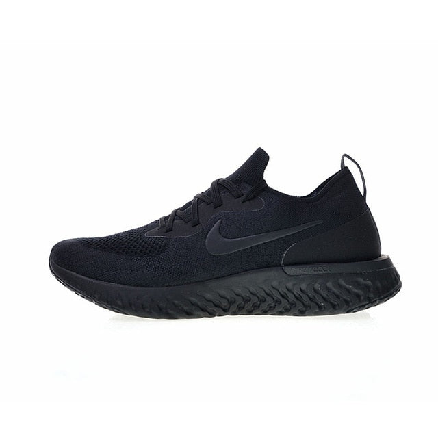 Nike React Flyknit running shoes, black knit with black Swoosh and textured sole