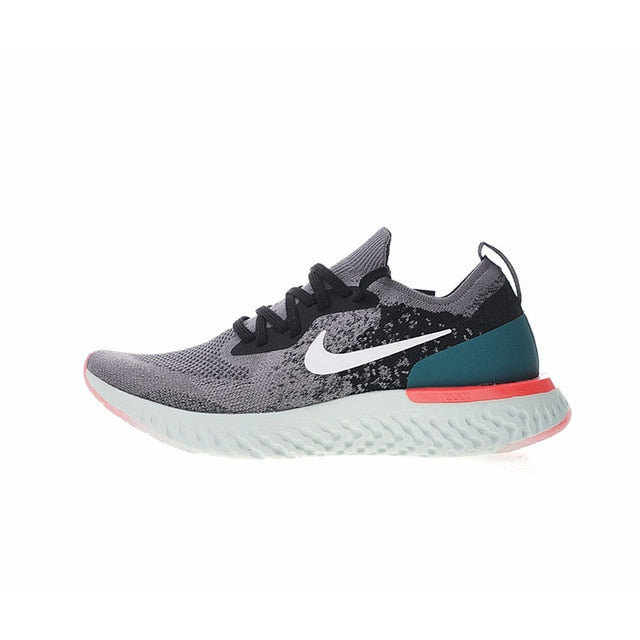 Nike React Flyknit running shoes, gray knit with white Swoosh and teal heel