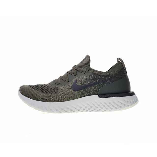 Nike React Flyknit running shoes, dark olive with navy Swoosh and white sole