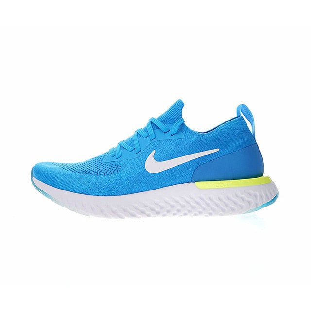 Nike React Flyknit running shoes, bright blue knit with white Swoosh and lime midsole