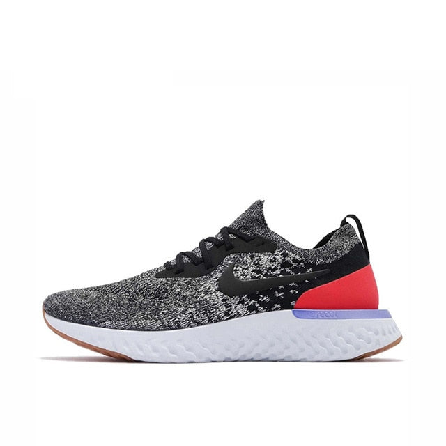 Nike Epic React Flyknit running shoe, black knit with red heel and white React sole