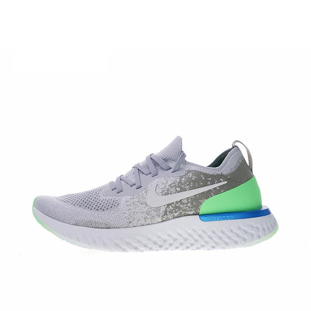 Nike React Flyknit running shoes, light gray knit with white Swoosh and green heel