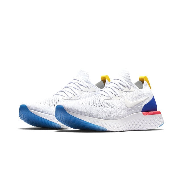 Nike React Flyknit running shoes, white knit with blue sole and red side accent