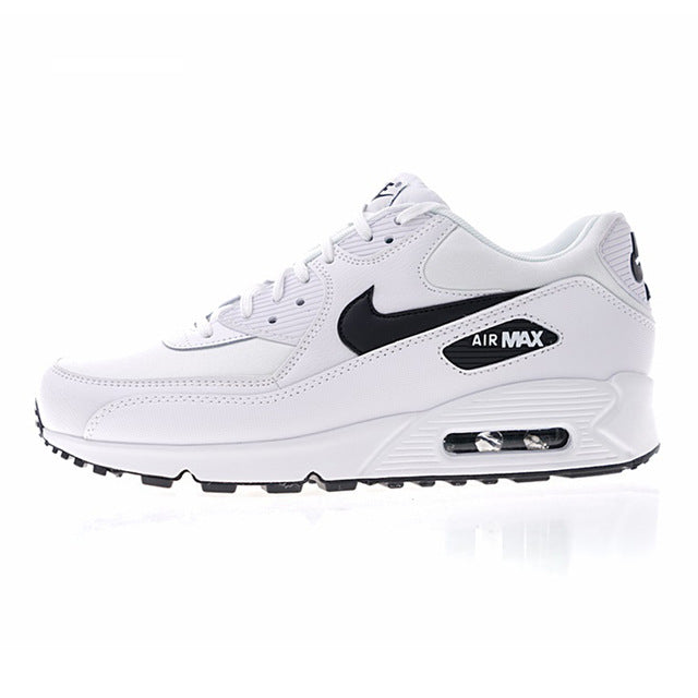 White Air Max running sneaker with black swoosh, lace-up front, visible air unit heel