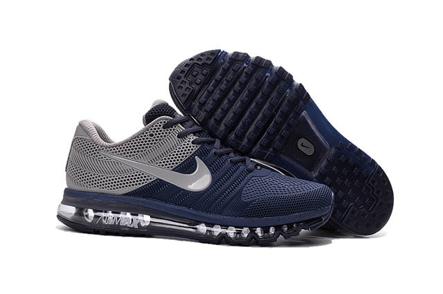 Air Max running shoes in gray and navy with white swoosh and clear Air sole pods