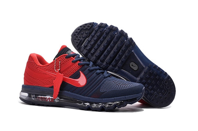 Air Max running shoes in red and navy with white swoosh and clear Air sole pods