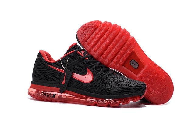 Air Max running shoes in black and red with red swoosh and clear Air sole pods