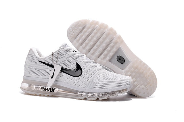 Air Max running shoes in white with black swoosh and clear Air sole pods
