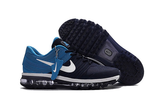 Air Max running shoes in blue and black with white swoosh and clear Air sole pods