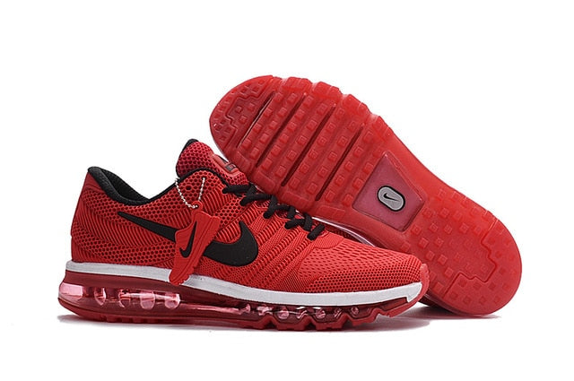 Air Max running shoes in red with black swoosh and clear Air sole pods