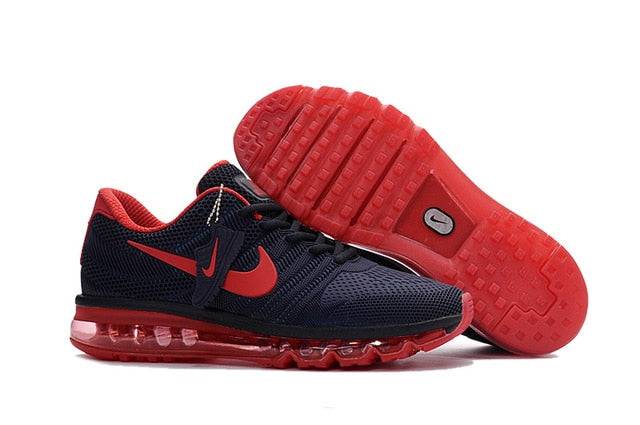 Air Max running shoes in black and red with red swoosh and clear Air sole pods