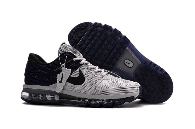 Air Max running shoes in black and gray with white swoosh and clear Air sole pods