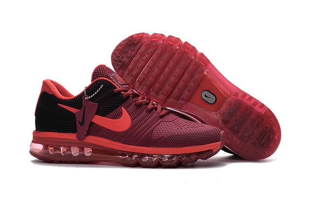 Red and black running shoes with Nike swoosh and Air-style cushioning outsole tread