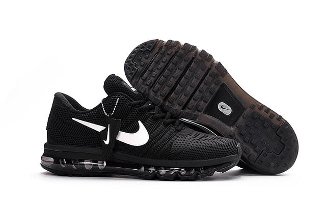 Black running shoes with white Nike swoosh and Air-style clear cushioning outsole