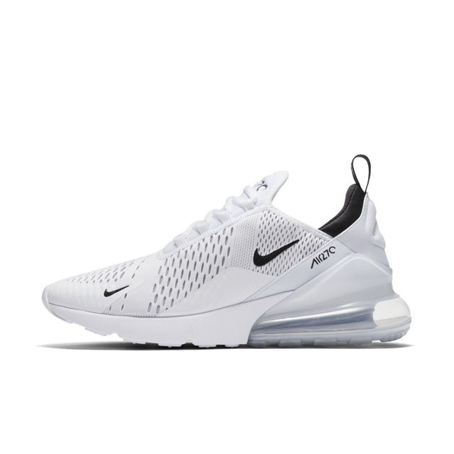 White running shoes with black swoosh, breathable knit upper, Air Max-style heel