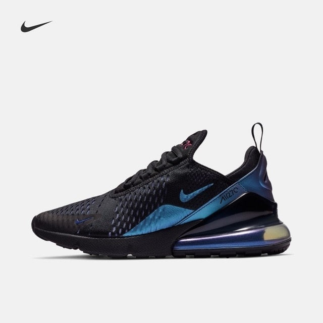 Dark running shoes with blue sole, Nike swoosh and mesh upper, Air Max-style heel