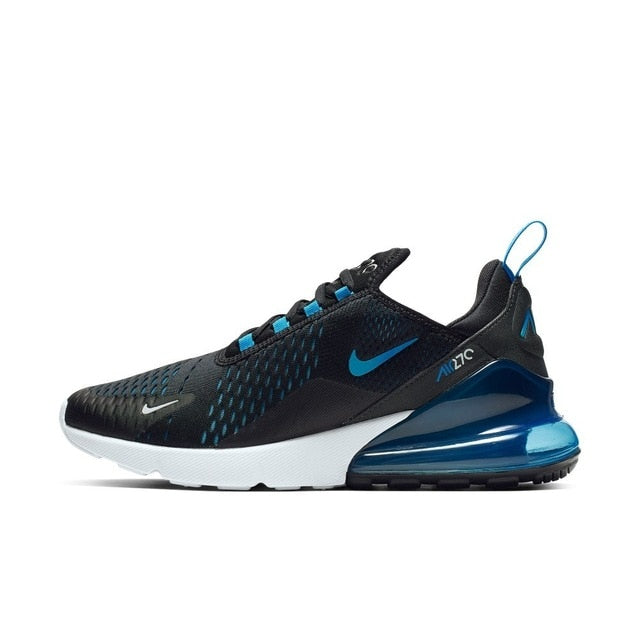 Black running shoes with teal-blue details and Nike swoosh, large Air Max heel