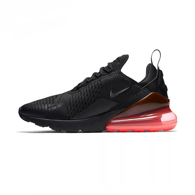 Men's black running shoes with red Air Max-style heel unit and black upper
