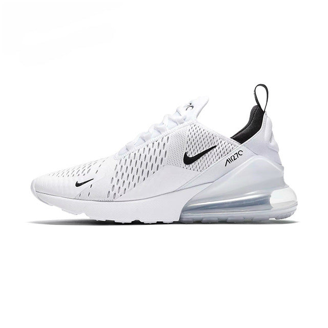 Men's white running shoes with black heel and blue Air Max-style heel unit