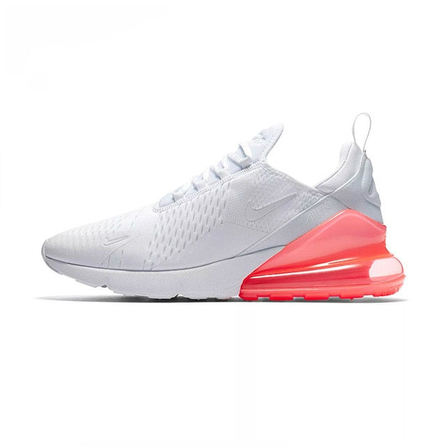 Men's white running shoes with red Air Max-style heel unit and white upper