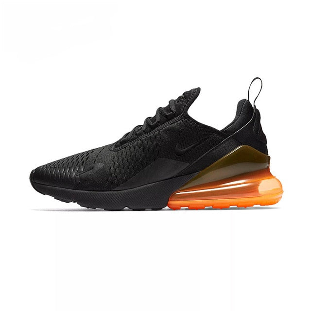 Men's black running shoes with orange Air Max-style heel unit