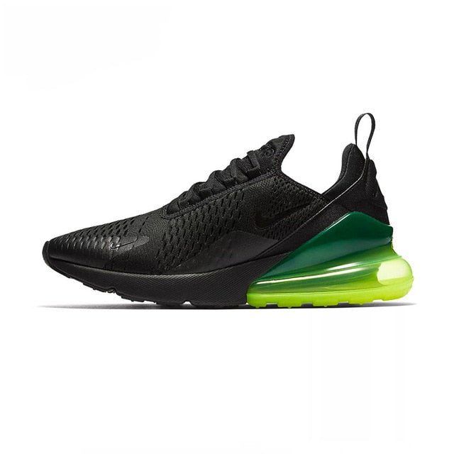 Men's black running shoes with green Air Max-style heel unit and black upper