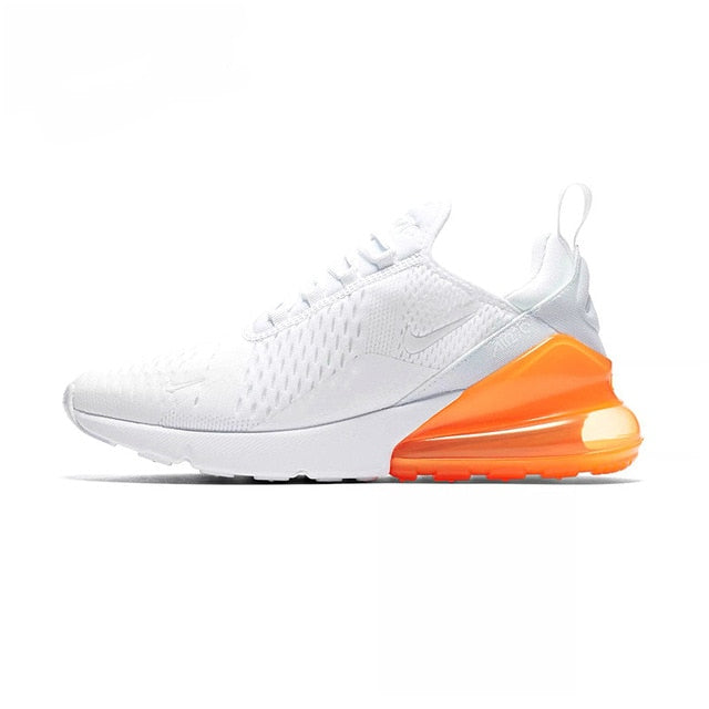 Men's white running shoes with orange Air Max-style heel unit