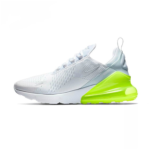 Men's light gray running shoes with neon green Air Max-style heel unit