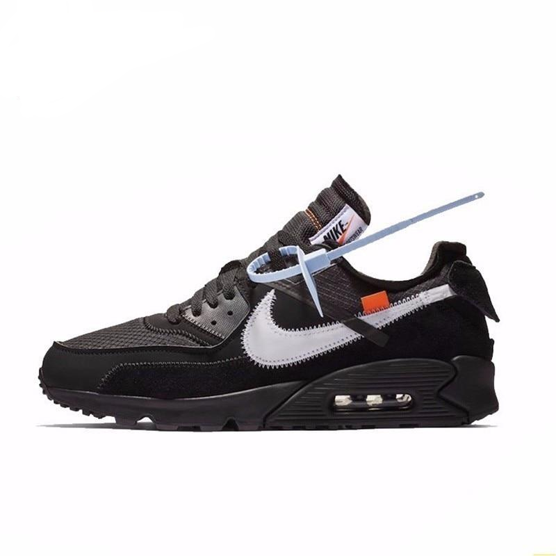 Black Nike running shoe with white swoosh, air-cushioned sole, lace-up and mesh panel