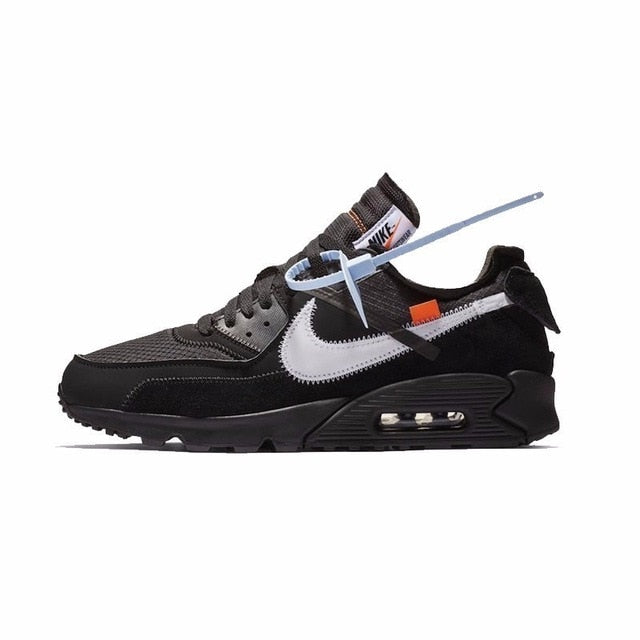 Black Nike running shoe side profile with white swoosh, visible air unit, lace-up upper