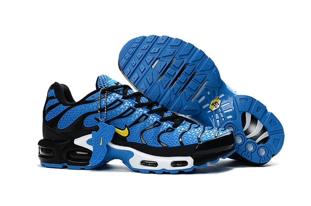 Nike Air Max TN running shoes, blue/black with patterned upper and thick tread sole