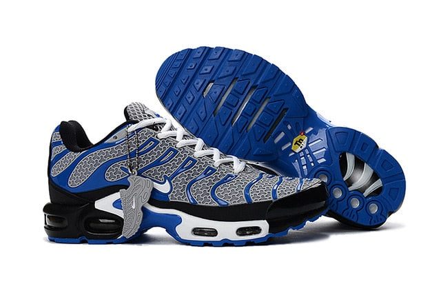 Nike Air Max TN running shoes, blue and black with white laces and air-window sole