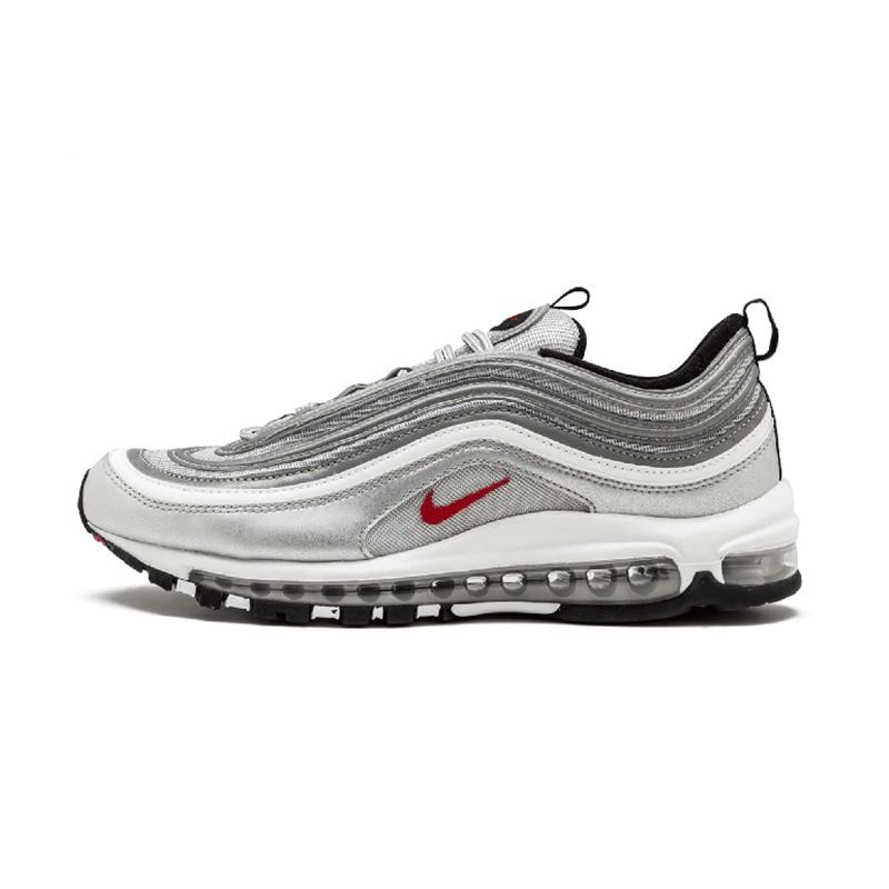 Air Max 97 running shoes in silver-gray with red swoosh and black outsole