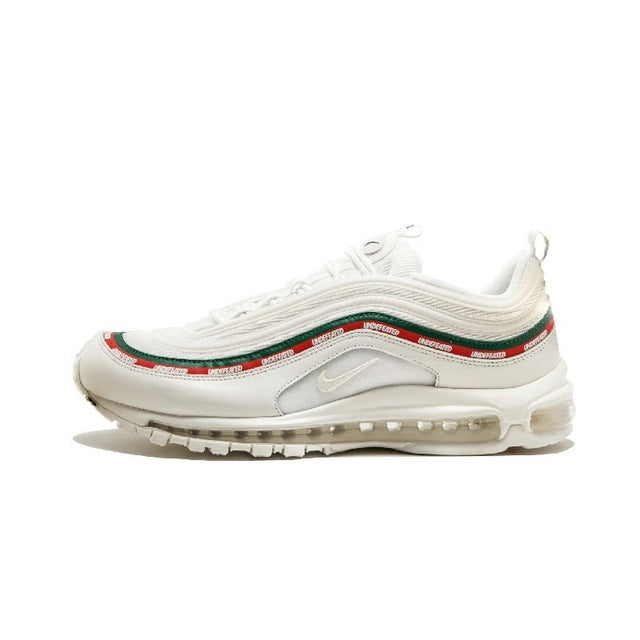 Air Max 97 running shoes, white with green/red stripe trim and air-cushion sole
