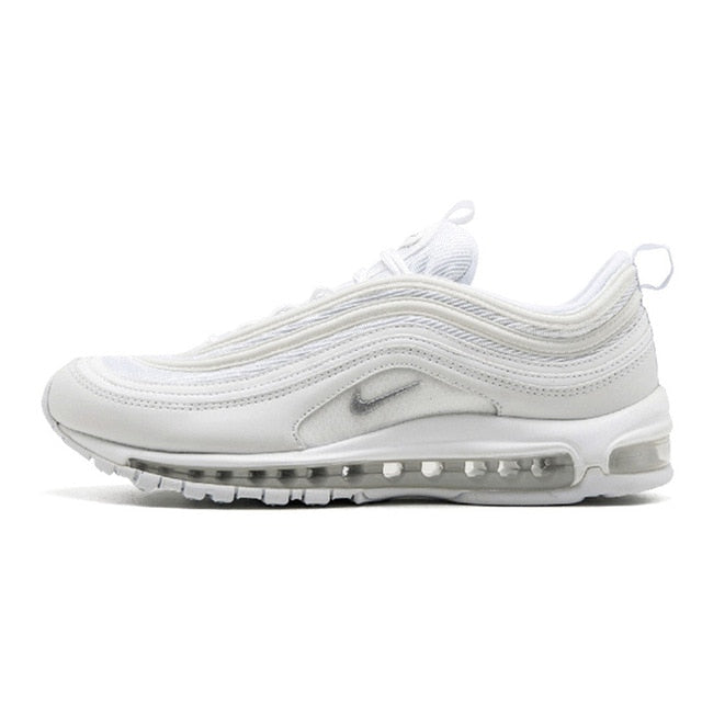 Air Max 97 running shoes in white with subtle gray swoosh and clear air unit