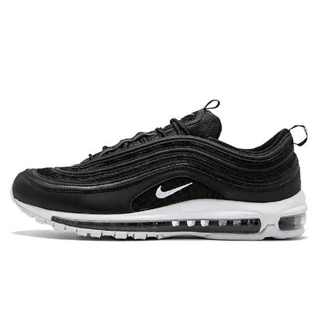 Air Max 97 running shoes in black with red swoosh and white air-cushion sole